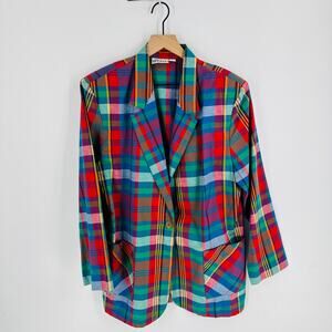 Vintage Jaclyn Sport Madras Plaid Blazer 100% Cotton USA Made Size Large